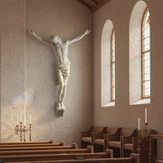 Crucifix statue featuring Jesus in a classical, old world European style with ornate, Renaissance-inspired detailing. Side Angle