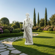 Classical Renaissance-style bearded male statue in flowing robes, holding a sword and book, featuring ornate, old world European details. Side Angle