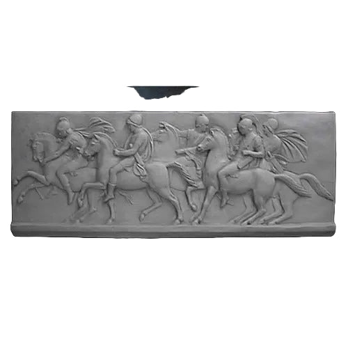 Classical Greek relief panel depicting four riders on horseback in dynamic motion, featuring detailed, ornate sculptural elements.