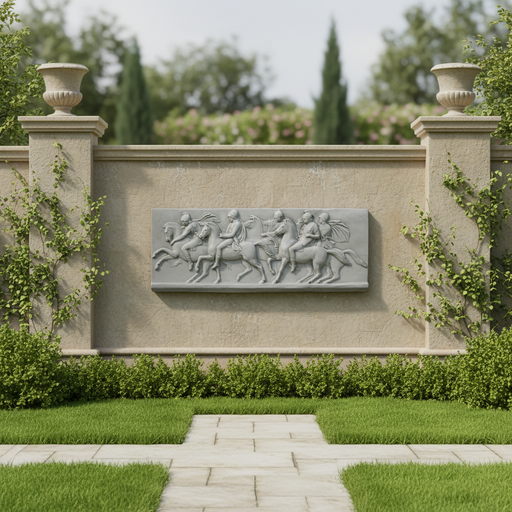 Classical Greek relief panel depicting four riders on horseback in dynamic motion, featuring detailed, ornate sculptural elements. Side Angle