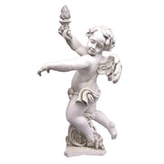 Dancing cherub garden statue with small wings holding a flaming torch. With Ornate Base