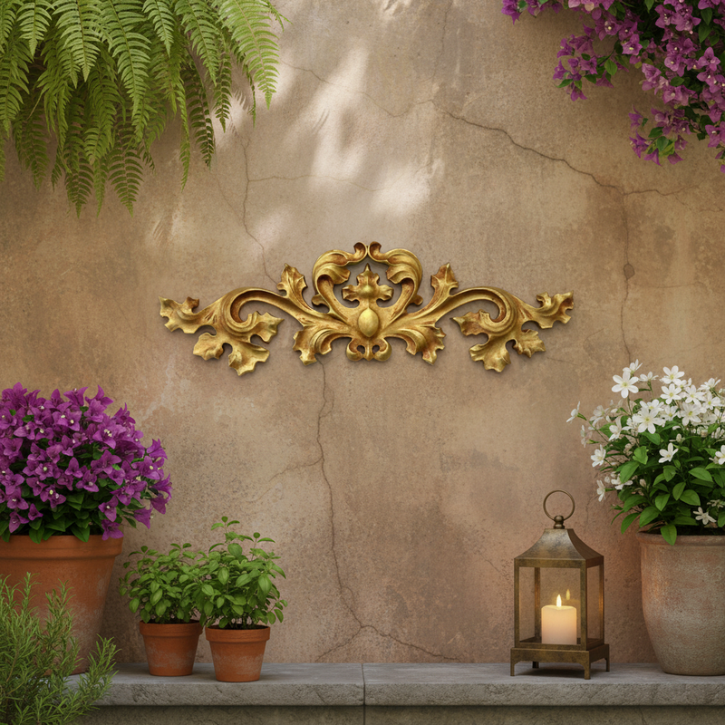 Ornate Baroque-style decorative applique with symmetrical scrollwork and classical old world European leaf motifs. Side View