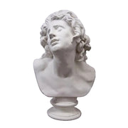 Classical Baroque bust sculpture with expressive, upward gaze and detailed curly hair on a pedestal, evoking old world European artistry.