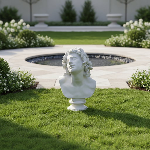 Classical Baroque bust sculpture with expressive, upward gaze and detailed curly hair on a pedestal, evoking old world European artistry. Side Angle