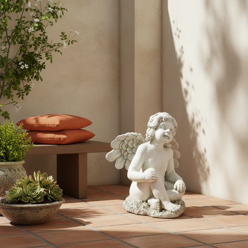 Seated cherub statue with detailed wings and curled hair, featuring ornate old world European and classical design elements. Side Angle