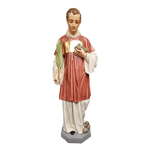 Saintly figure in classical Renaissance style robes, holding a palm frond and book, standing on an ornate pedestal.