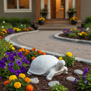 Tortoise sculpture with classical old world European style, featuring smooth, rounded shell and stylized, simplified details. Side Angle