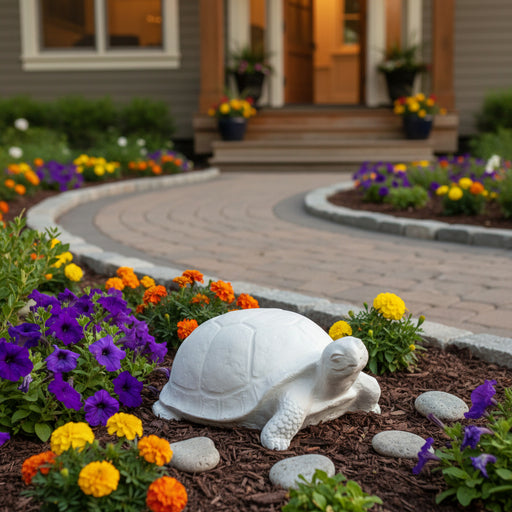 Tortoise sculpture with classical old world European style, featuring smooth, rounded shell and stylized, simplified details. Side Angle