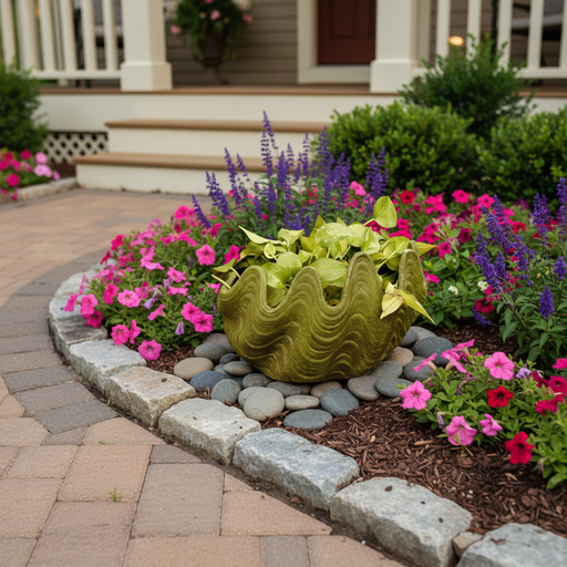 Ornate old world European planter with scalloped, wavy rim and classical detailing, filled with leafy green foliage. Side Angle