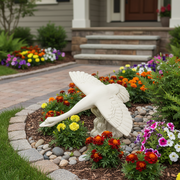 Flying swan wall sculpture with outstretched wings, featuring ornate, old world European and classical detailing. Side Angle