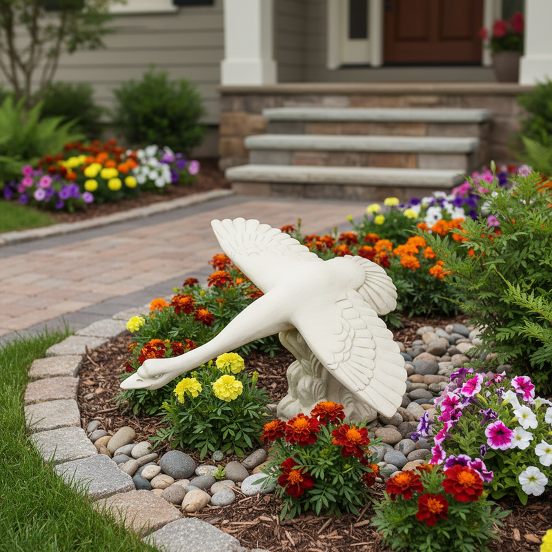 Flying swan wall sculpture with outstretched wings, featuring ornate, old world European and classical detailing. Side Angle