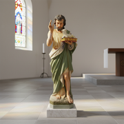 Saintly figure in classical Renaissance style robes, holding a tray with chalices, featuring ornate old world European detailing. Side Angle