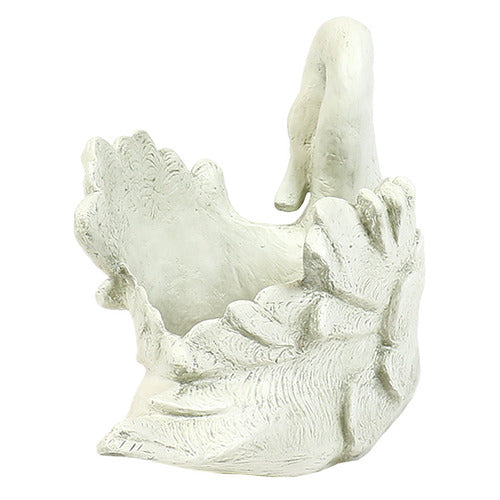 Swan planter with detailed feathers, sculpted in an old world European style with classical, ornate accents and graceful curves. Different Angle