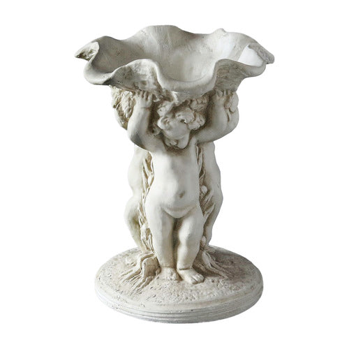 multiple cherubs supporting a large, ruffled bowl on a round base.