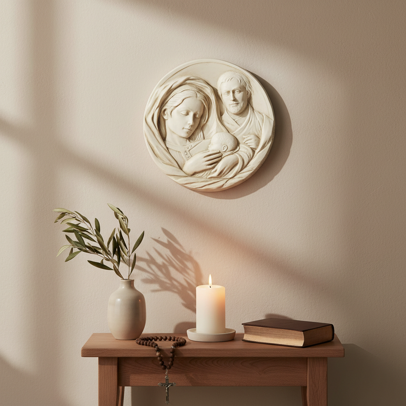 Holy Family relief medallion featuring classical Renaissance style with ornate, detailed figures of Mary, Joseph, and infant Jesus. Side Angle