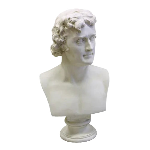 Classical Greek-style male bust with curly hair and strong features, displayed on a round pedestal base.