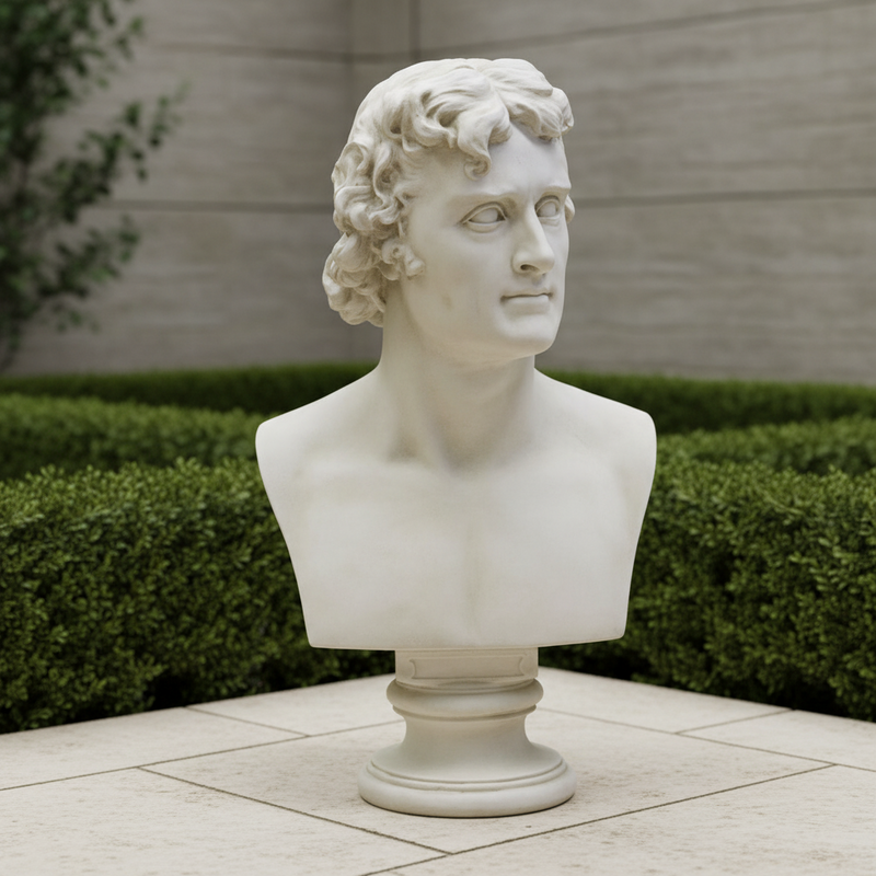 Classical Greek-style male bust with curly hair and strong features, displayed on a round pedestal base. Side Angle