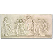Classical Greek relief panel depicting musicians and dancing figures in flowing robes with ornate, old world European detailing.