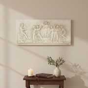 Classical Greek relief panel depicting musicians and dancing figures in flowing robes with ornate, old world European detailing. Side View
