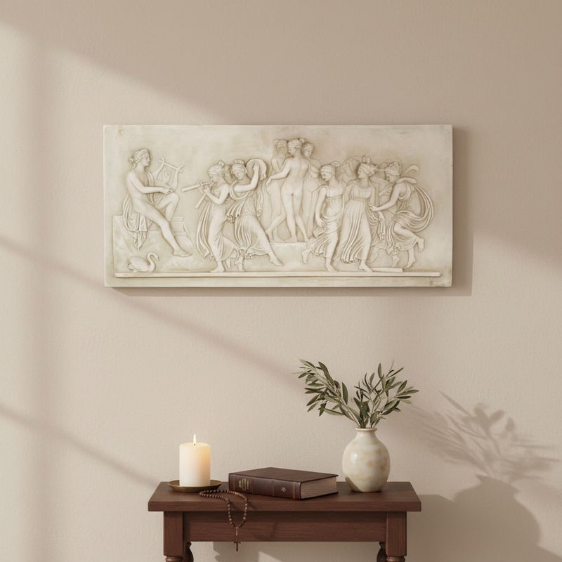 Classical Greek relief panel depicting musicians and dancing figures in flowing robes with ornate, old world European detailing. Side View