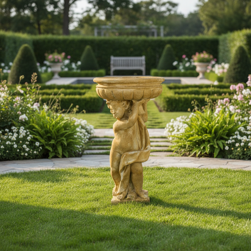 Standing Winged Cherub Holding Bowl Outdoor Statue (37 - Inch) Side Angle
