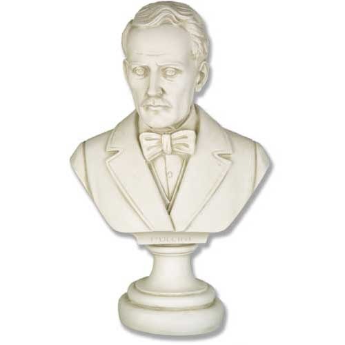 Classical old world European bust sculpture with ornate detailing, featuring a man in formal attire and a bow tie on a pedestal.