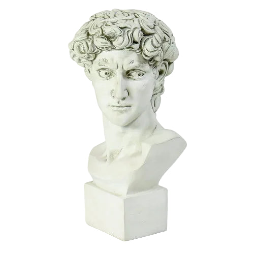 Classical Renaissance bust of a young man with curly hair, detailed facial features, and an ornate, sculpted base.