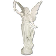 Standing angel with a serene expression holding a torch aloft, featuring detailed feathered wings.