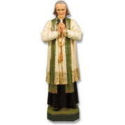Cleric statue in ornate old world European vestments with Baroque detailing, hands clasped in prayer, standing on a pedestal.