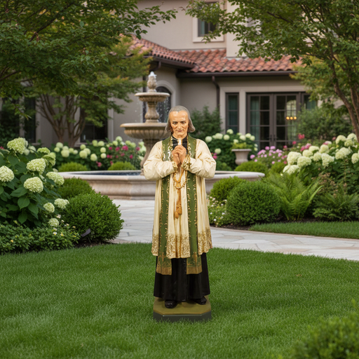 Cleric statue in ornate old world European vestments with Baroque detailing, hands clasped in prayer, standing on a pedestal. Side Angle