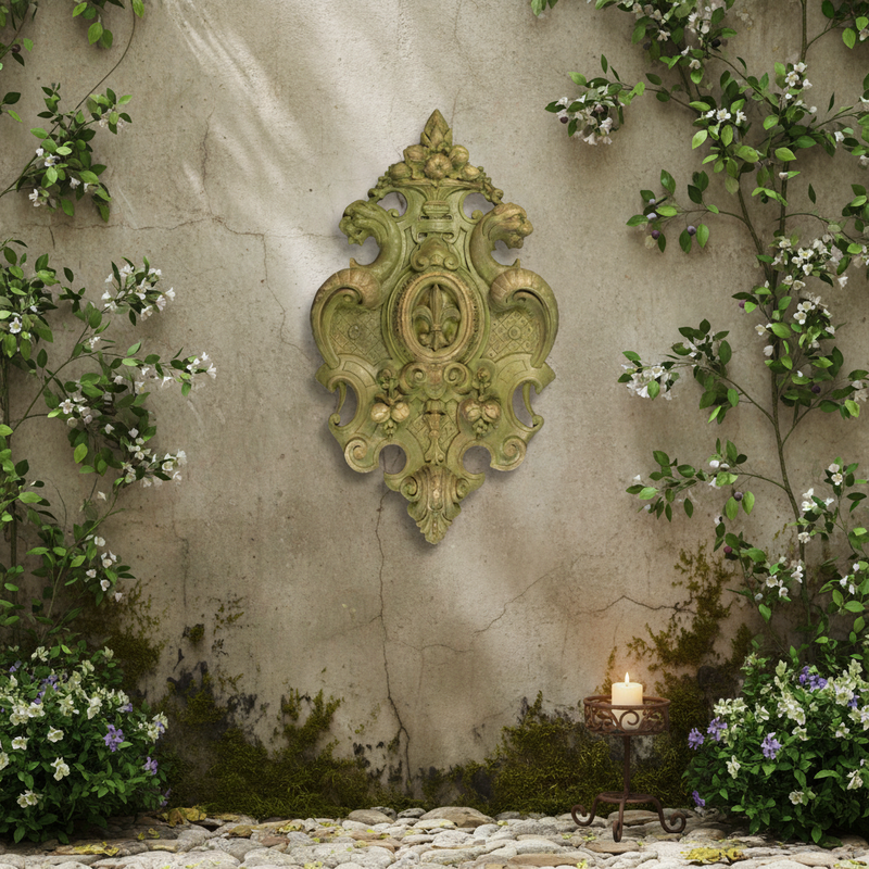 Ornate old world European wall plaque with classical scrollwork, floral accents, and Baroque-inspired symmetrical detailing. Side Angle