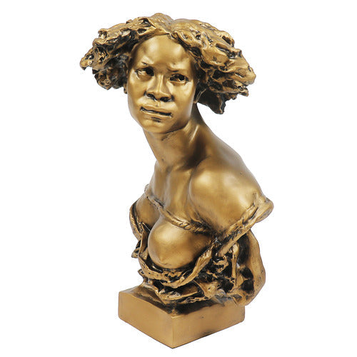 Bust of a woman with expressive face and flowing hair, featuring ornate, classical old world European sculptural details.