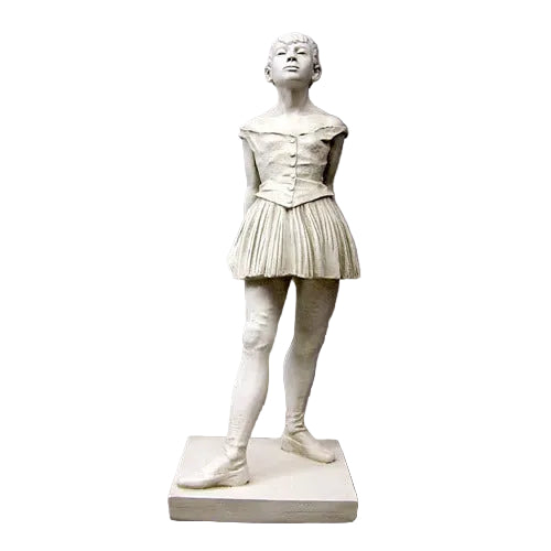 Ballet dancer statue in classical European style with pleated skirt, upright posture, and detailed facial expression on a square base.