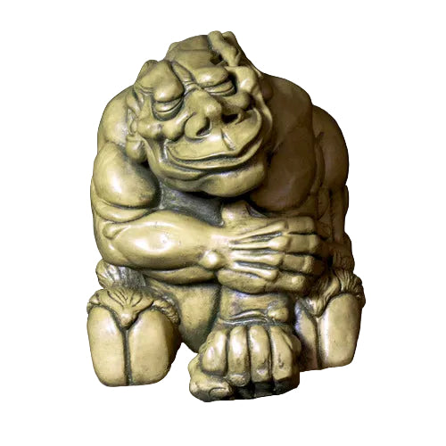 Grotesque gargoyle statue with exaggerated features, hunched posture, and ornate medieval European style detailing.