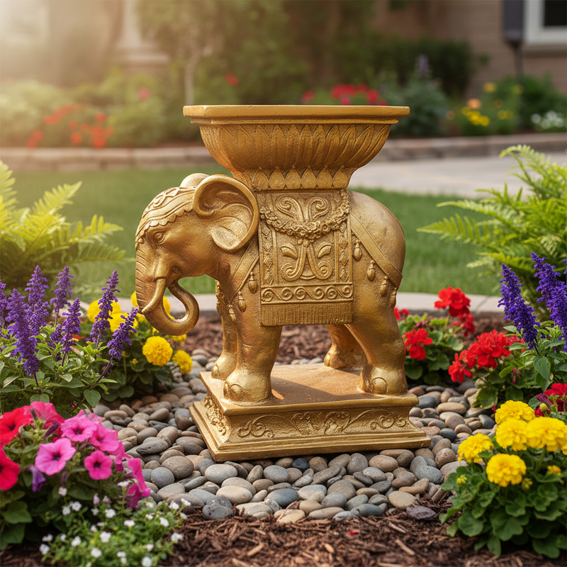 Elephant pedestal with ornate Baroque detailing, classical motifs, and old world European decorative accents. Side Angle