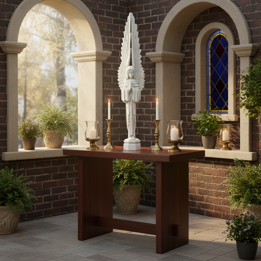 Winged angel statue with elongated, symmetrical wings and classical, old world European ornate detailing in a standing pose. Side Angle