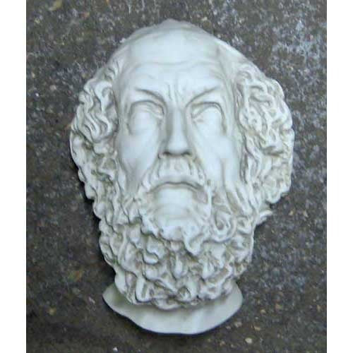 Classical Greek-style sculpted bearded male head with detailed curly hair and solemn expression, evoking ancient European artistry.