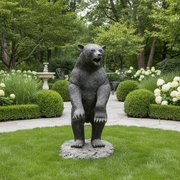 Standing bear sculpture with medieval European style, featuring ornate fur texture and expressive, classical detailing. Side Angle