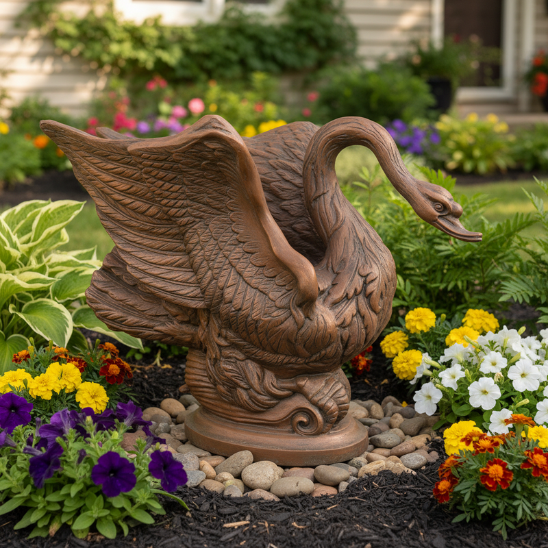 Swan-shaped planter with ornate, old world European detailing and classical sculptural lines in a dramatic, Baroque-inspired pose. Side Angle