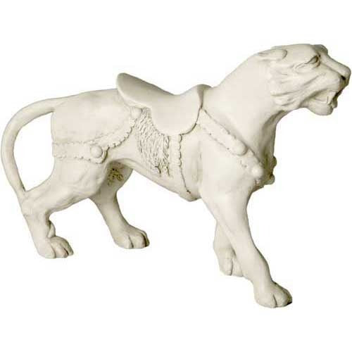 Baroque-style ornate lion statue with classical saddle and decorative harness, evoking old world European artistry.