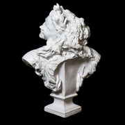 Bust of a smiling woman with laurel wreath, draped garment, and ornate detailing in classical Baroque style. Side Angle