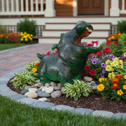 Hippo figurine with open mouth, sculpted in an old world European style with subtle ornate detailing and classical animal form. Side Angle
