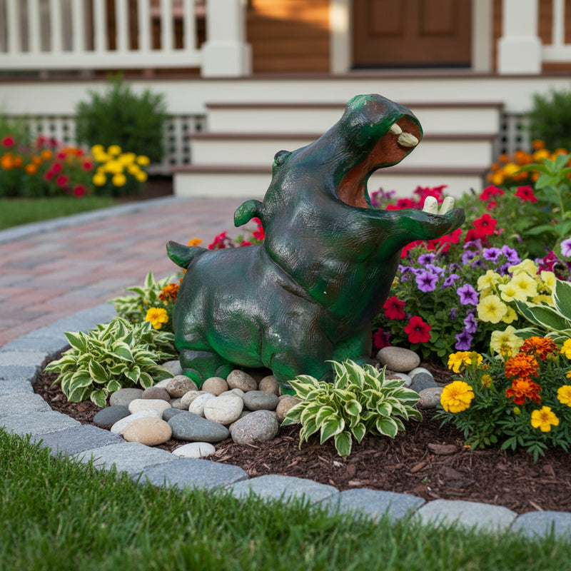 Hippo figurine with open mouth, sculpted in an old world European style with subtle ornate detailing and classical animal form. Side Angle