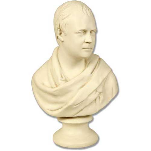 Classical European bust sculpture with draped robe, detailed facial features, and traditional pedestal in Renaissance style.