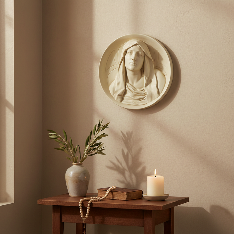 Blessed Mary Roundel Statue (12 - Inch) Side View
