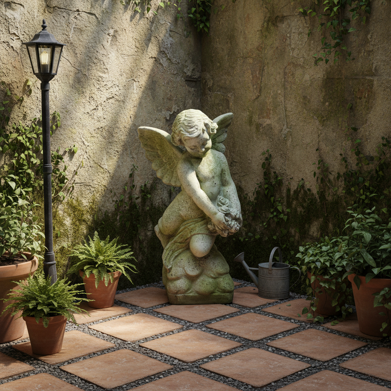 Cherub with Rose Bouquet Outdoor Statue (22 - Inch) Side Angle