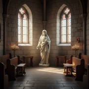 Sacred Heart of Jesus statue in classical old world European style with flowing robes and ornate detailing, standing on a pedestal. Side Angle