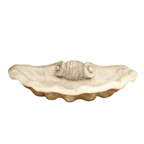Ornate old world European shell-shaped dish with classical scroll detailing and scalloped edges in a Renaissance-inspired design.