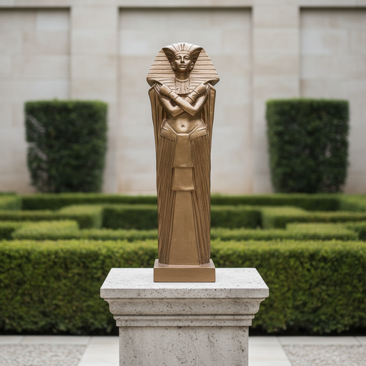 Pharaoh sarcophagus statue with crossed arms, ornate headdress, and detailed ancient Egyptian styling, classical and regal theme Side Angle