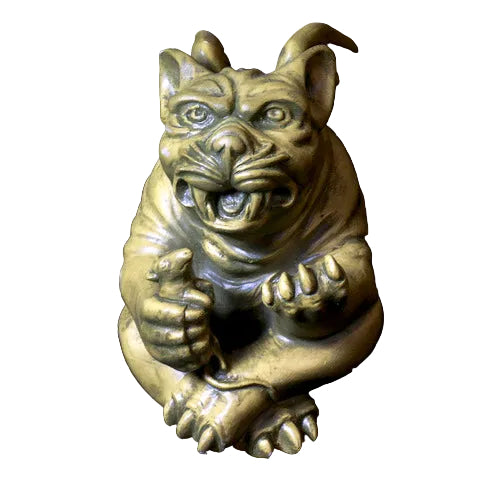 Grotesque gargoyle door knocker with exaggerated features, medieval Gothic style, ornate detailing, fierce expression, old world European theme